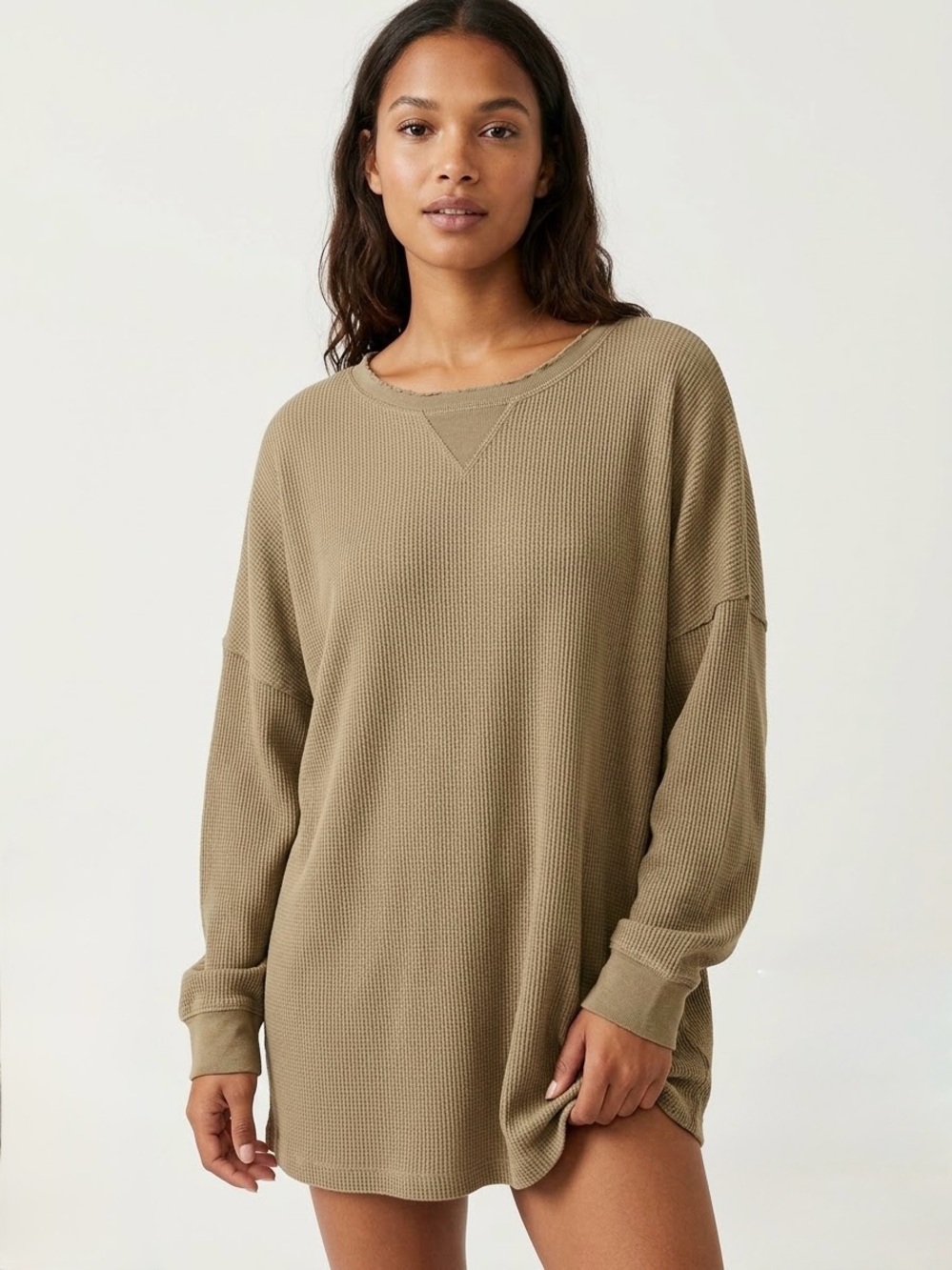 Free People Intimately "Early Night" Thermal Pullover - Soft Olive / Taupe